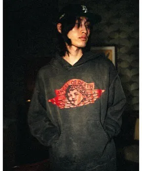 SAINT Mxxxxxx ANGEL HOODIE/BLK Angel Rebirth Crack Printed Retro Distressed Hoodie Assute dyeing, full-length spray-on fade, heavy fermentation wash, NEW VINTAGE texture, factory four-needle and six-thread workmanship, boneless patchwork, more comfortable to wear, genuine level crack print/accessories restored
